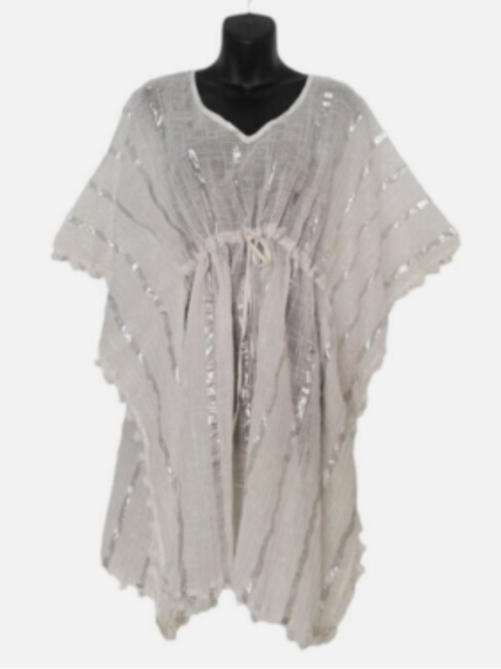 White Silver Metallic Stripe Pom Pom Beach Cover Up Kaftan One Size Cotton